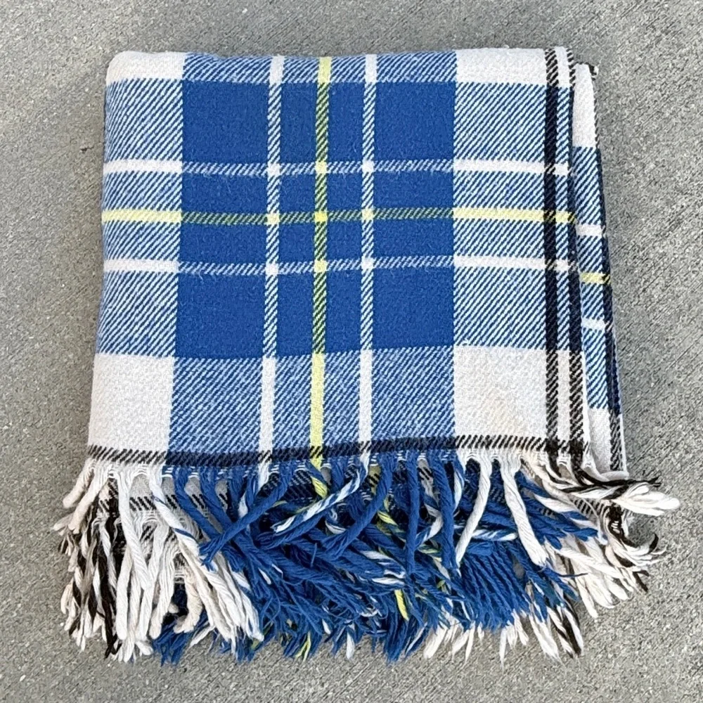 Vintage Tartan Plaid Fringe Throw Blanket Blue White 52x60